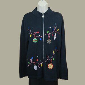 Nouveaux Women's Christmas Sweater Black Zip Ornaments Holiday Size Large